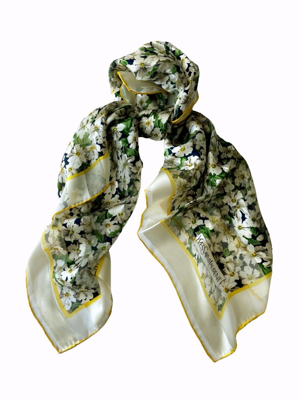 Vintage YSL Silk Chiffon Floral Scarf Yellow Border